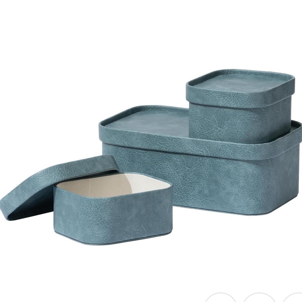 LA JOLIE MUSE NWT 3pc vegan leather storage boxes w/ lids -dusty blue